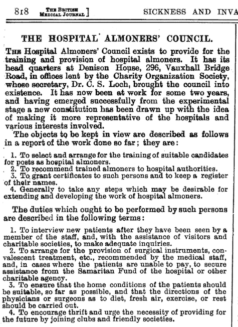 Part of column titled ‘The Hospital Almoners’ Council’ in the British Medical Journal, 2 April 1910